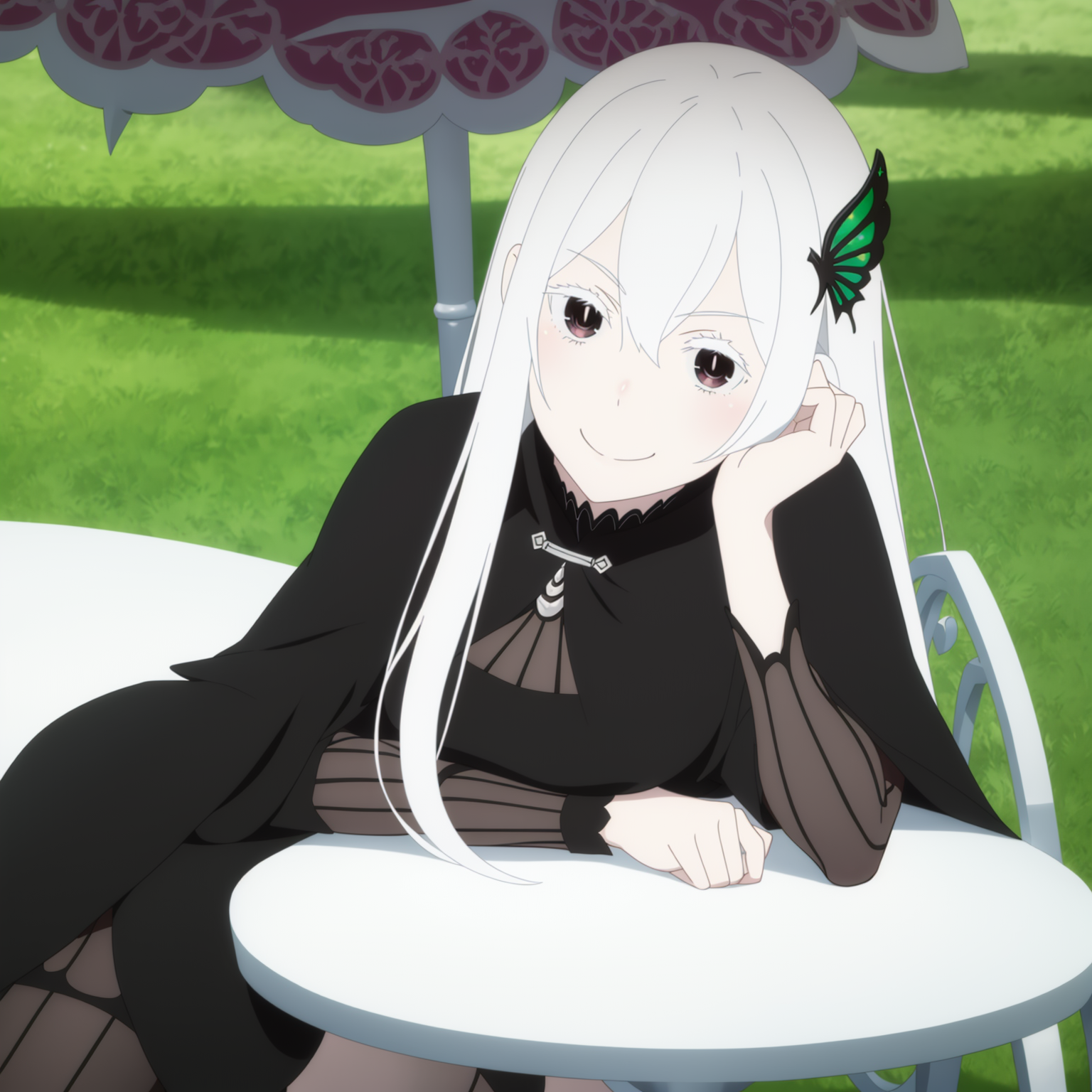 00609-176659931-Echidna,black dress,solo,looking at viewer,seductive smile,head rest,outdoors,sitting,.png
